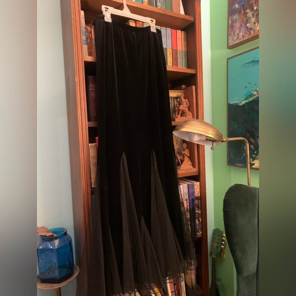 Long form fitting velvet black skirt tulle, Halloween witch skirt, xscape size S